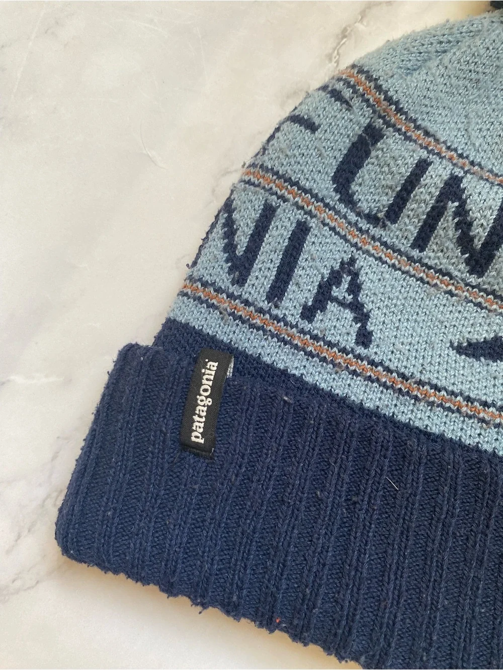 Patagonia Light Blue & Navy Kids Pom Beanie